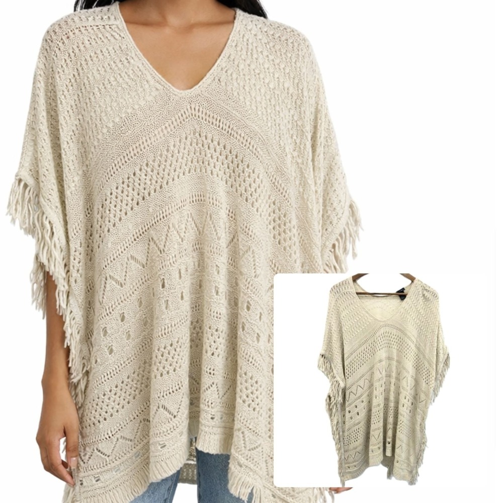 Rue21‎ Crochet Poncho Sweater Fringe Boho Knit Oversized Festival L